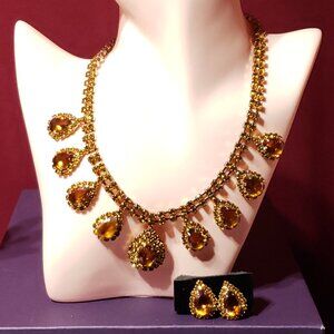 Golden Teardrop Rhinestone Necklace & Earrings